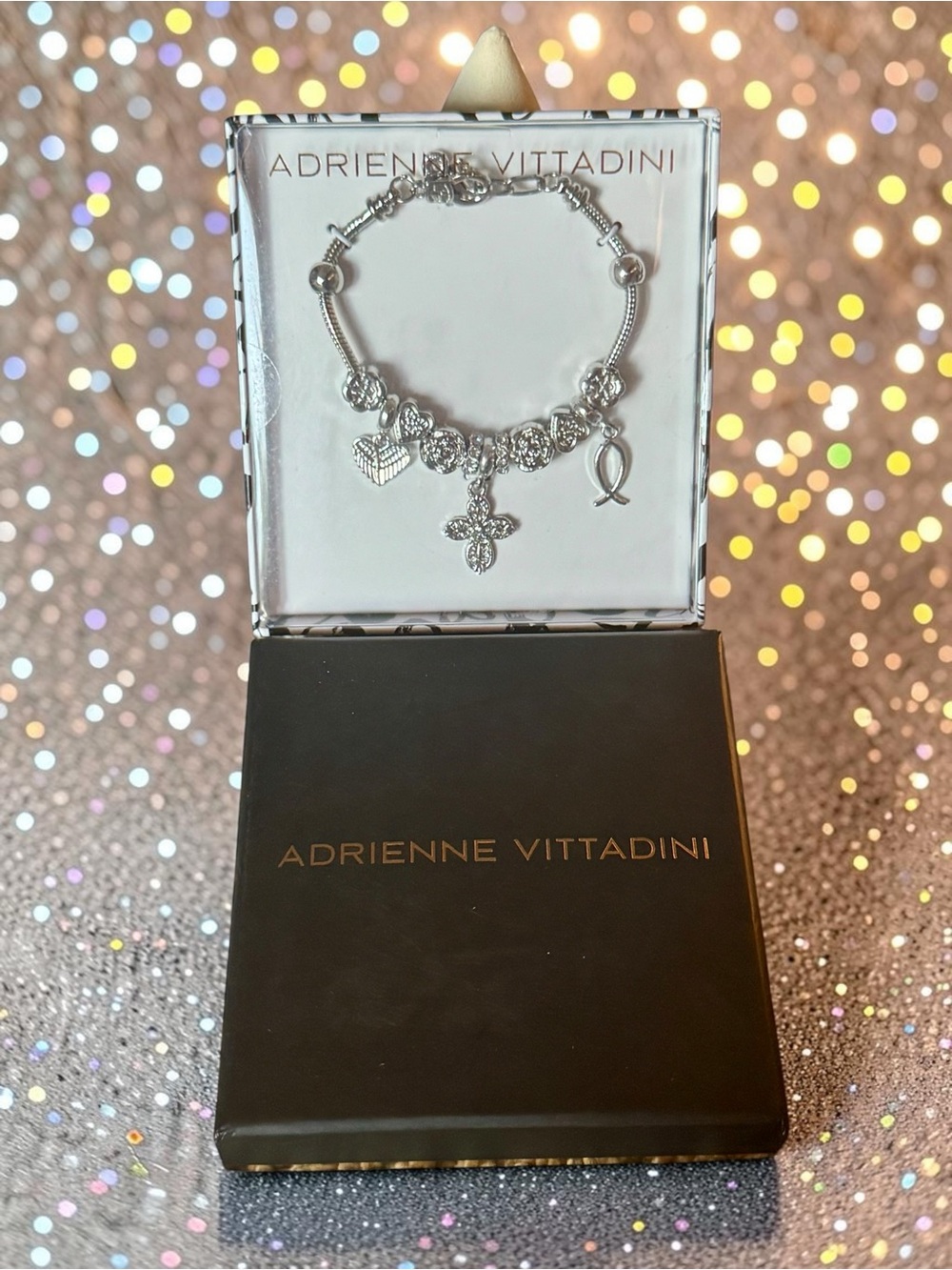 Adrienne Vittadini Silver-Tone Crystal Charm Bracelet with Cross & Heart